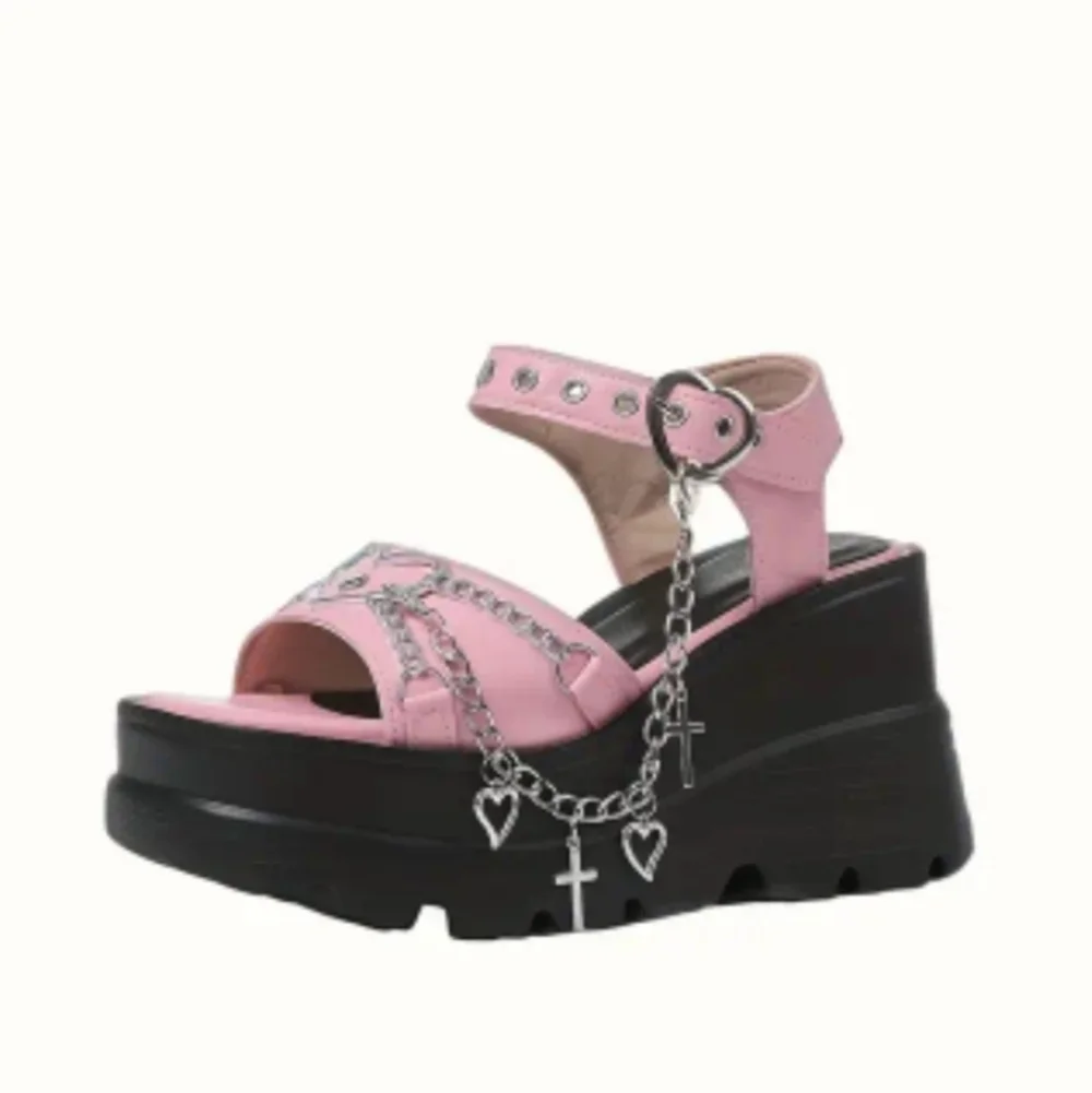 Pink Platform Sandals with Heart Accents Sz 6